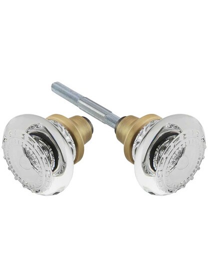 Pair of Meadows Crystal-Glass Door Knobs in Antique Brass.
